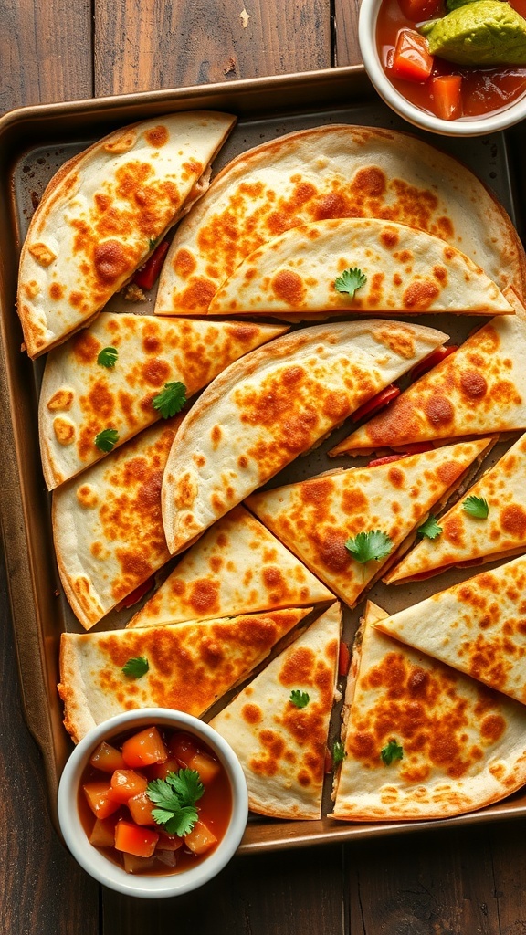 Baked quesadillas on a sheet pan, filled with cheese and vegetables, served with salsa and guacamole.